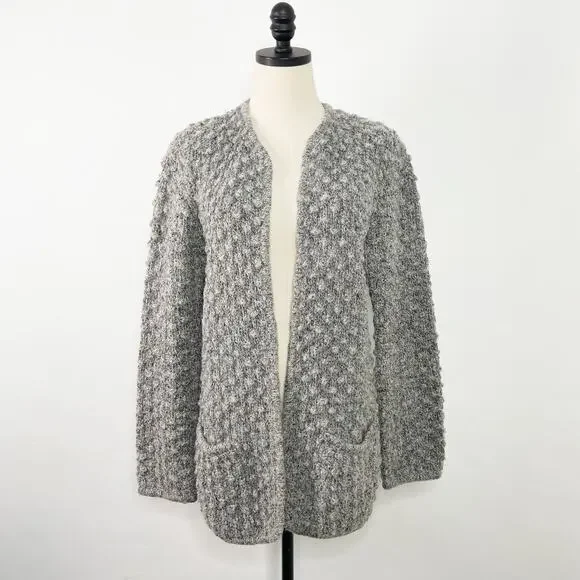 Vintage Le Roy Pom Pom Knit Cardigan Gray Wool Open Front Preppy Twee Size L - Picture 2 of 10